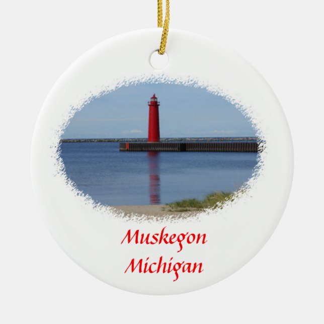 Muskegon Michigan Lighthouse Ceramic Tree Decoration (Front)