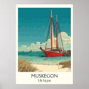 Muskegon Michigan Vintage Lakefront Sail Art Poster