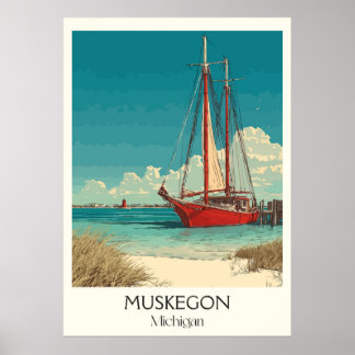 Muskegon Michigan Vintage Lakefront Sail Art Poster