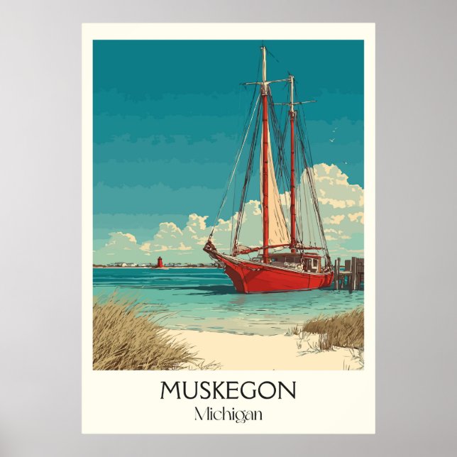 Muskegon Michigan Vintage Lakefront Sail Art Poster (Front)