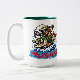 Muskie Angler Riding Muskie – Fishing Illustration Two-Tone Coffee Mug