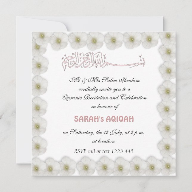 Muslim baby girl Aqiqah Invitation (Front)