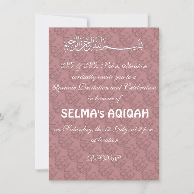Muslim baby girl Pink Aqiqah Invitation (Front)