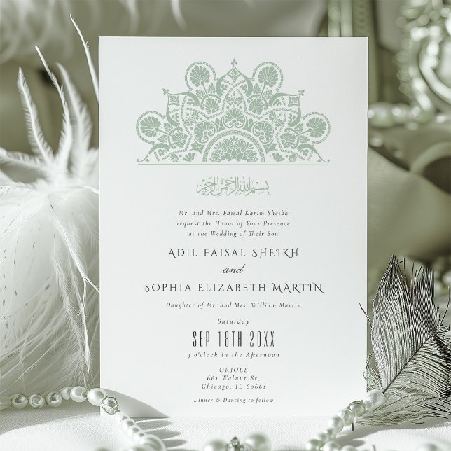 Muslim Dusty Sage Mandala Wedding Invitation (Creator Uploaded)
