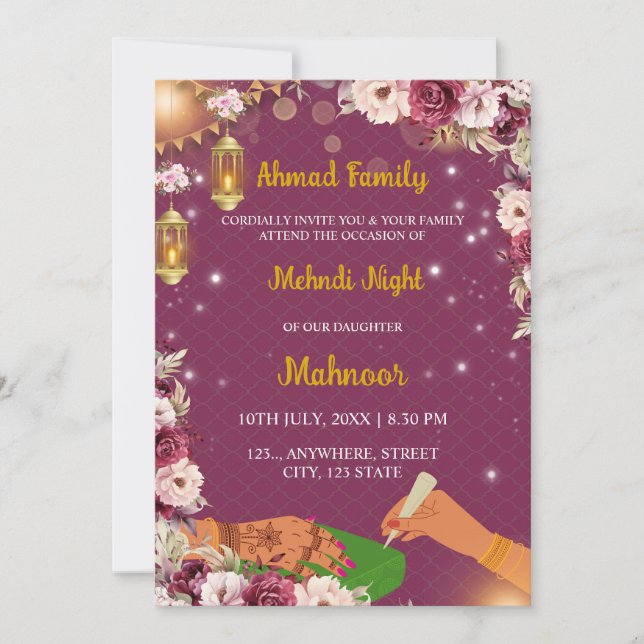 Muslim Mehndi Night Invitation, Henna Invitation (Front)