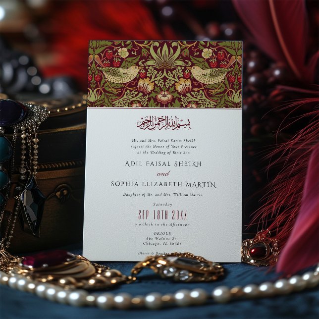 Muslim Red Strawberry Thief Islamic Wedding Invitation (Creator Uploaded)