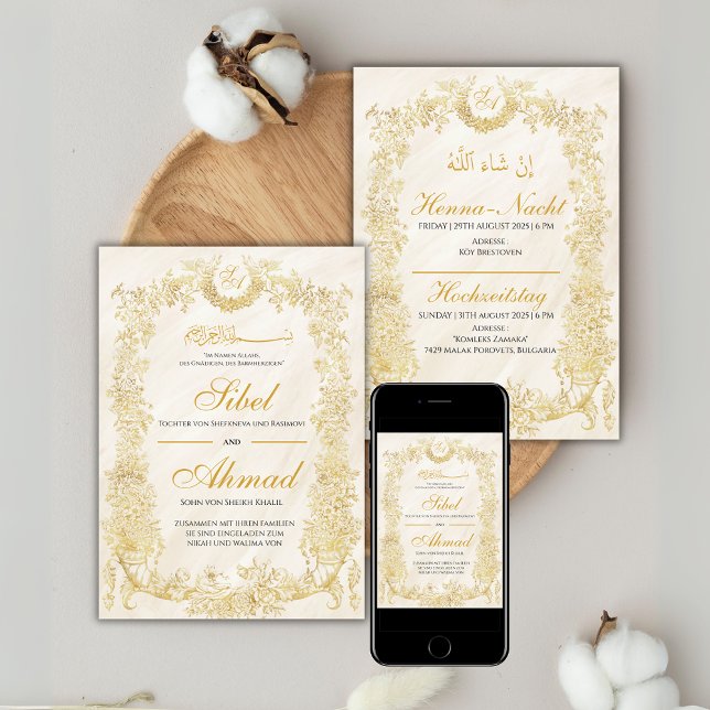 Muslimische Hochzeitseinladung mit goldenem Blumen Invitation (Creator Uploaded)