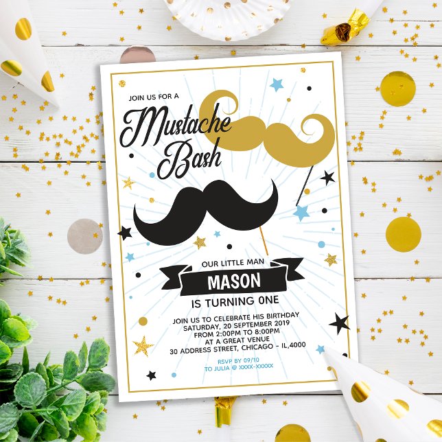 Mustache Bash Boy Birthday Party Faux Glitter Invitation (Creator Uploaded)