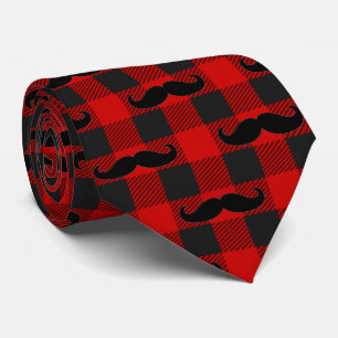 Mustache Buffalo Plaid Pattern Black and Red  Tie