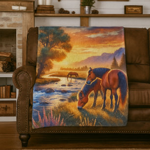 Mustang Horse Grazing by Stream at Sunset Fleece Blanket
