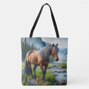 Mustang Horse Stream and Mountains Tote Bag
