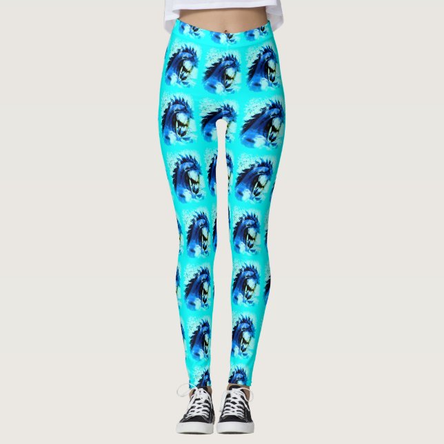 mustang stallion heads blue leggings (Front)