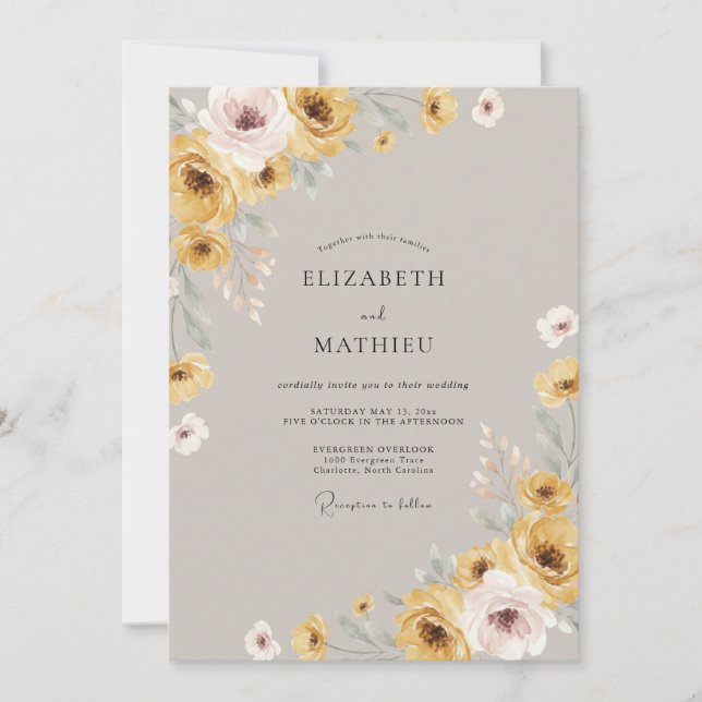 Mustard Amber Ranunculus Eucalyptus Wedding Invitation (Front)