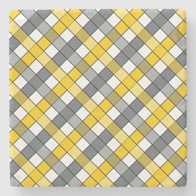 MUSTARD AND CHARCOAL PLAID STONE COASTER (Front)