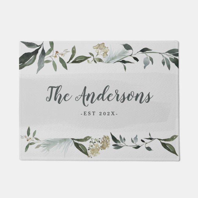 Mustard and olive watercolor foliage personalised doormat (Front)