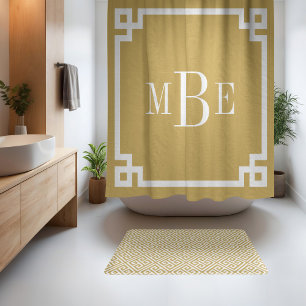 Mustard and White Greek Key   Monogrammed Shower Curtain