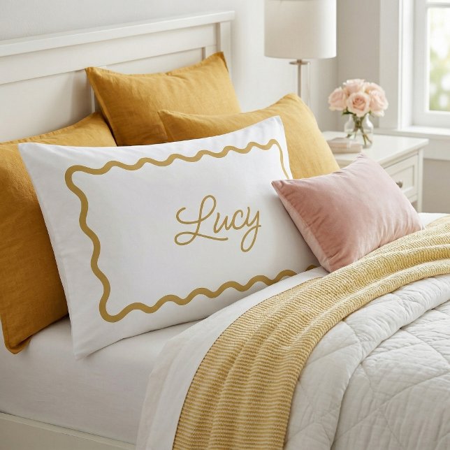 Mustard and White Wavy Scallop Frame Monogram Pillowcase (Creator Uploaded)