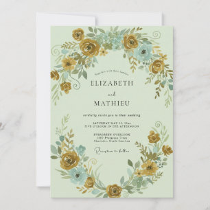 Mustard Aqua Ranunculus Eucalyptus Wedding Invitation
