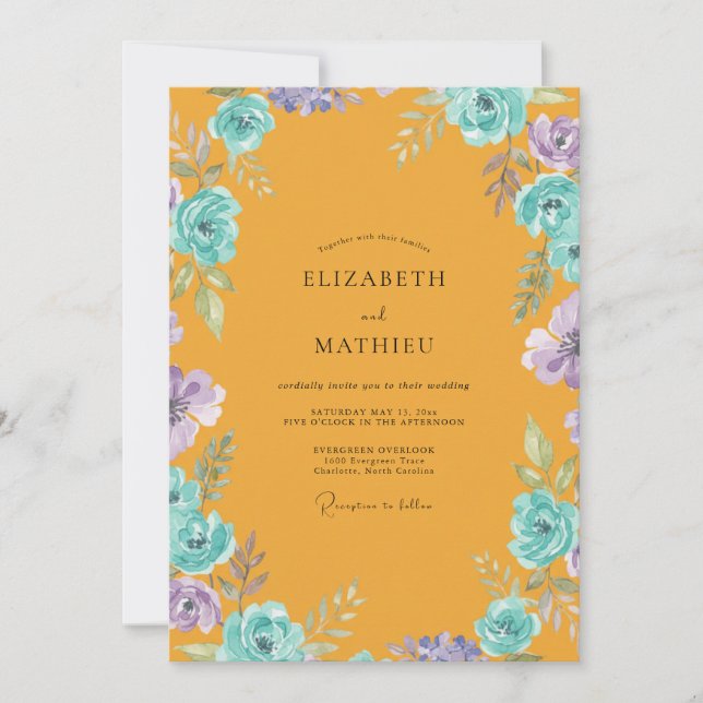 Mustard Aqua Ranunculus Grey Eucalyptus Wedding Invitation (Front)