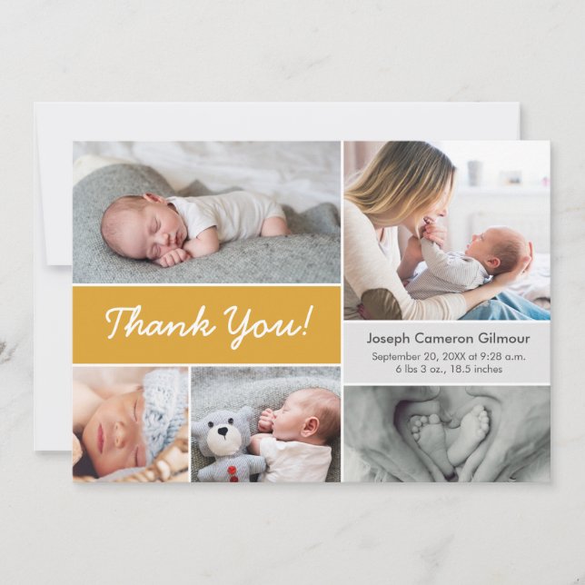 Mustard Baby Photo collage baby shower Birth stats Thank You Card (Front)