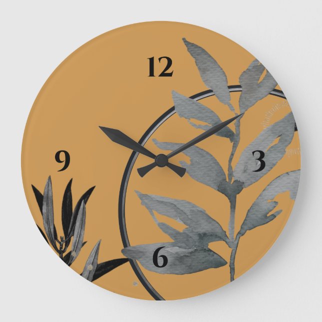 Mustard Black & Grey Artistic Watercolor Botanical Large Clock (Front)