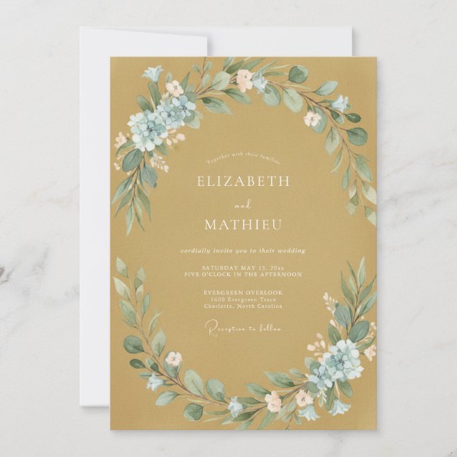 Mustard Blue Watercolor Floral Wedding Invitation (Front)