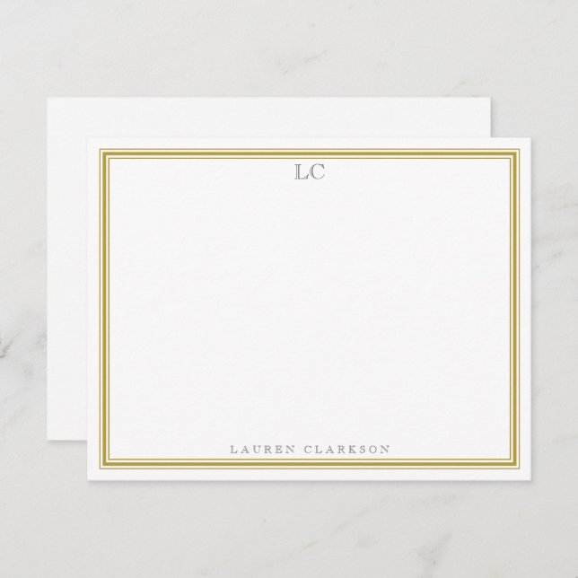 Mustard Border Monogram Stationery Note Card (Front/Back)