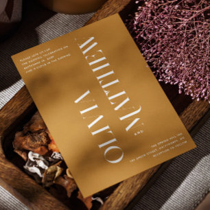 Mustard Brown Fall Wedding. Warm Autumn Photo + QR Invitation