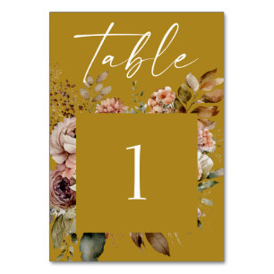 Mustard Brown Floral Wedding Elegant Fall Boho Table Number