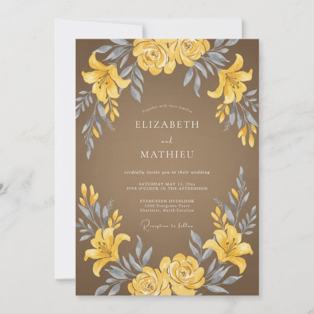 Mustard Brown Lily Wedding Invitation (Front)