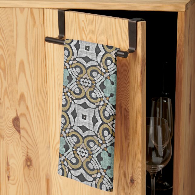 Mustard Brown Teal Green Grey Black Tribe Art Tea Towel (Thirds Fold)