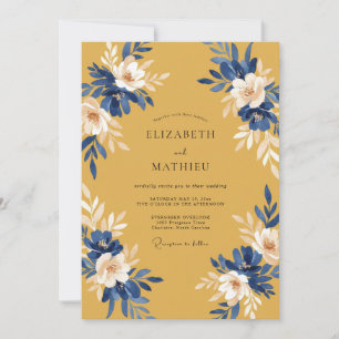 Mustard Cobalt Leafy Wedding Invitation