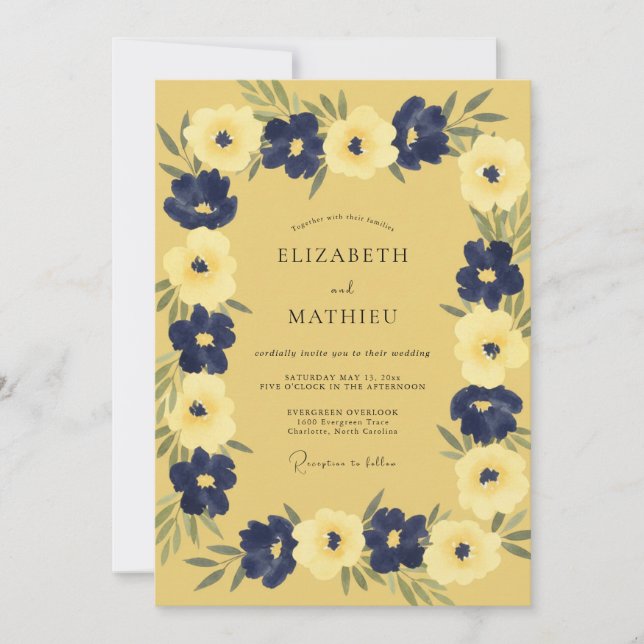 Mustard Cobalt Petal Wedding Invitation (Front)