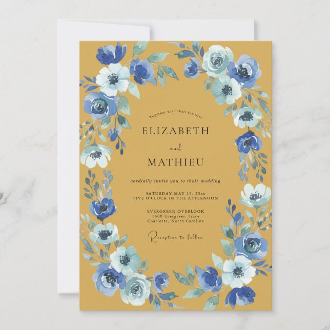 Mustard Cobalt Ranunculus Eucalyptus Wedding Invitation (Front)