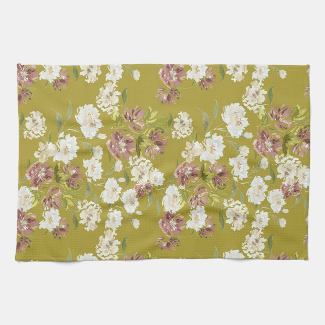 Mustard Cranberry Floral Kitchen Towels (Horizontal)