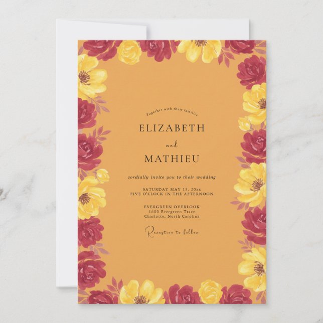 Mustard Crimson Ranunculus Eucalyptus Wedding Invitation (Front)