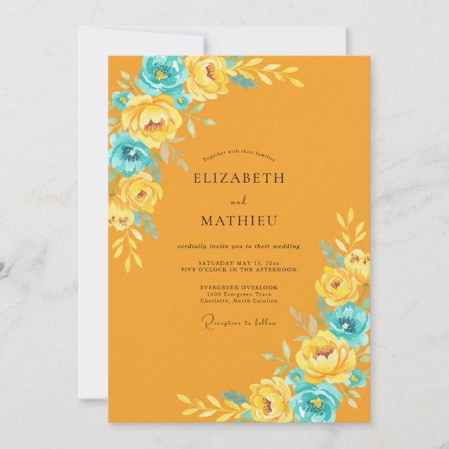 Mustard Cyan Ranunculus Eucalyptus Wedding Invitation (Front)
