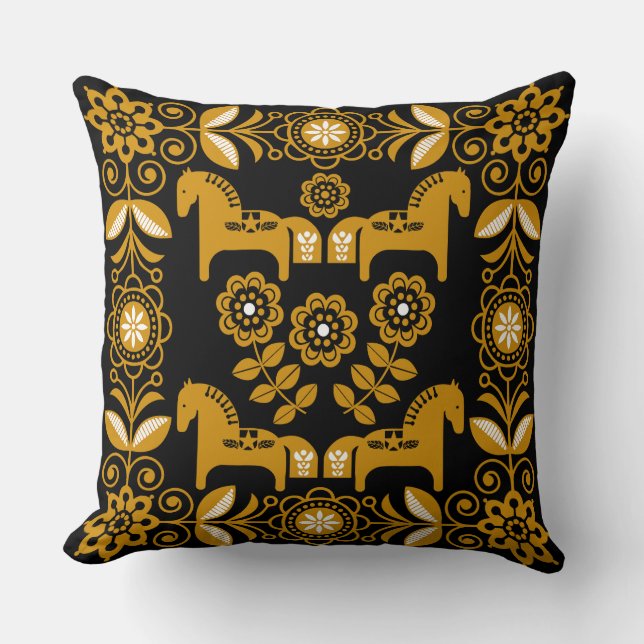 Mustard Dala Swedish Horse Print Cushion (Front)
