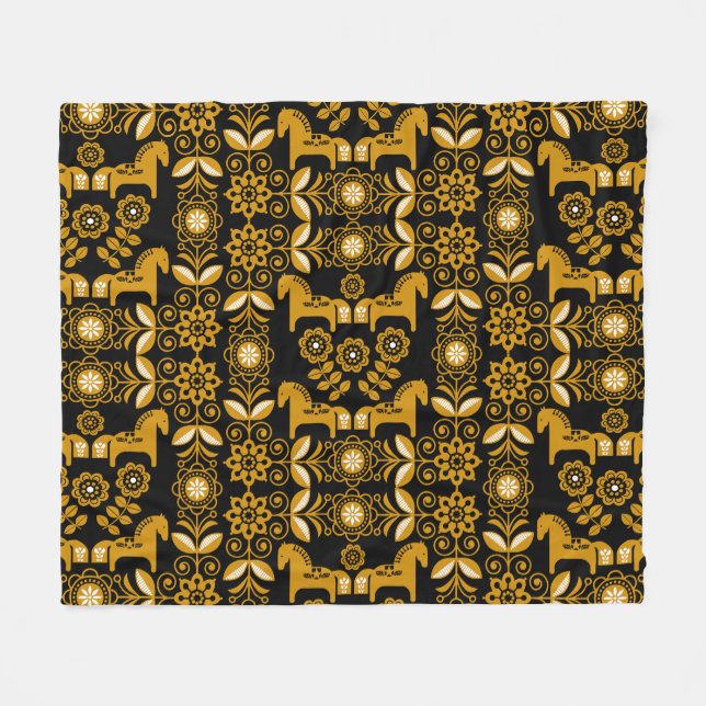 Mustard Dala Swedish Horse Print Fleece Blanket (Front (Horizontal))