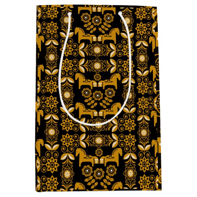 Mustard Dala Swedish Horse Print Medium Gift Bag (Front)