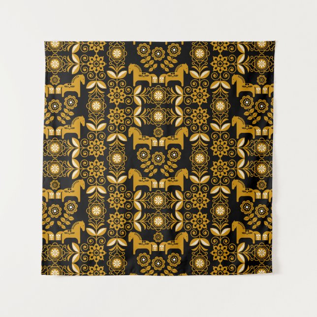 Mustard Dala Swedish Horse Print Tapestry (Front)