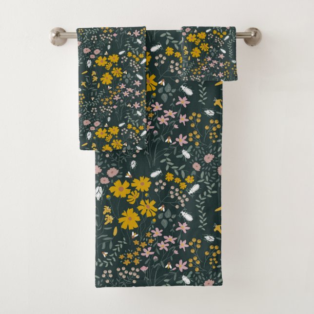 Mustard Floral Beetles & Bees Bohemian Wildflowers Bath Towel Set (Insitu)