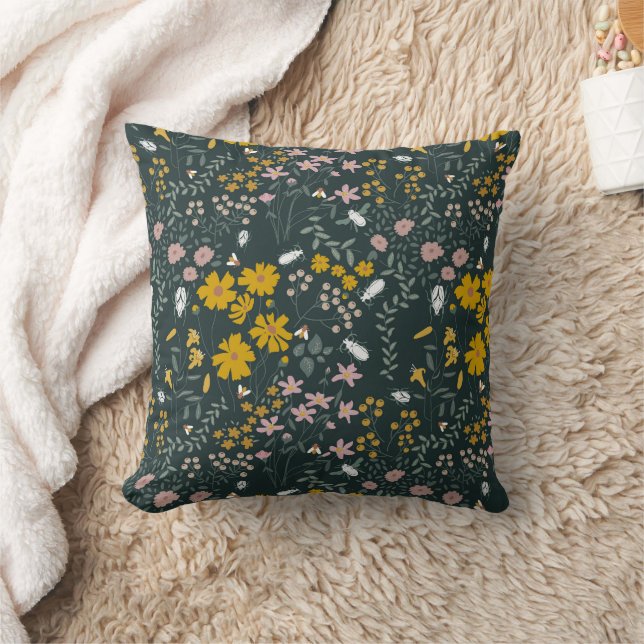 Mustard Floral Beetles & Bees Bohemian Wildflowers Cushion (Blanket)