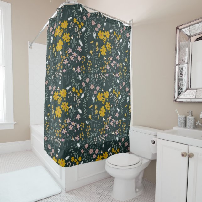 Mustard Floral Beetles & Bees Bohemian Wildflowers Shower Curtain (In Situ)