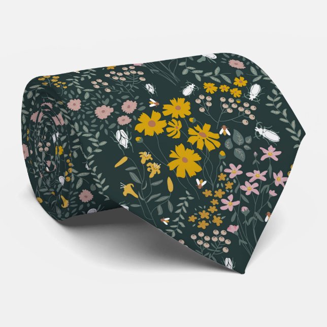 Mustard Floral Beetles & Bees Bohemian Wildflowers Tie (Rolled)