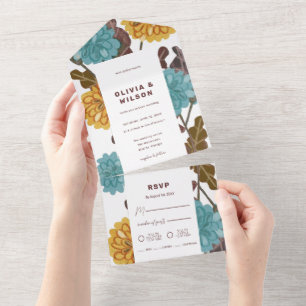 Mustard floral jewel tone wedding all in one invit invitation