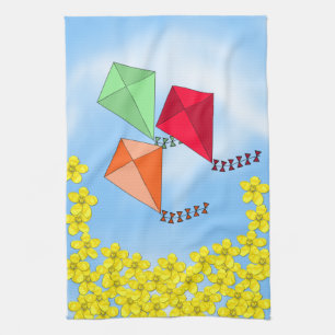 Mustard Flowers and Kites and Clouds Tea Towel