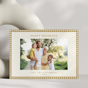 Mustard Gold Gingham Chequered Family Photo Frame Holiday Card