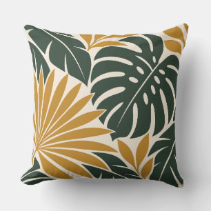 Mustard Green Tropical Leaf Silhouette Cushion