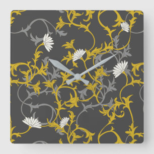 Mustard Grey Floral Square Wall Clock